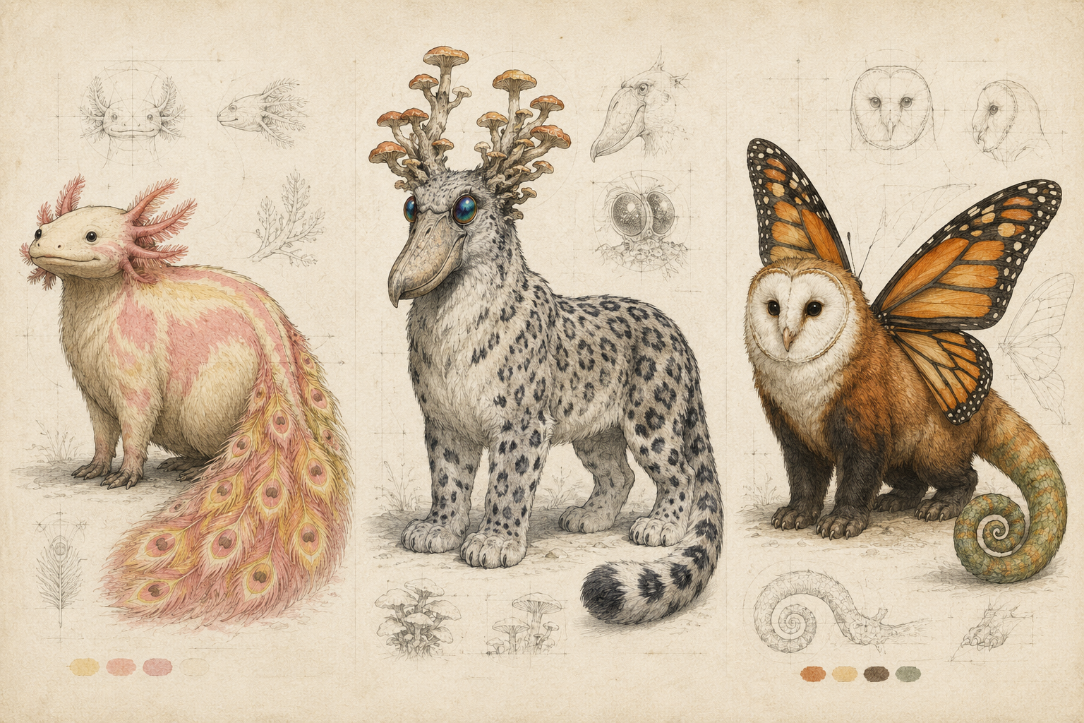 Three hand-drawn hybrid animal specimens: an axolotl capybara with peacock tail, a shoebill snow leopard with mushroom antlers, and an owl red panda with butterfly wings