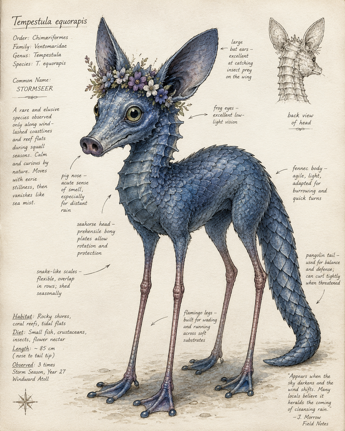 A storm-blue fox, seahorse and pangolin hybrid illustrated as a naturalist field study